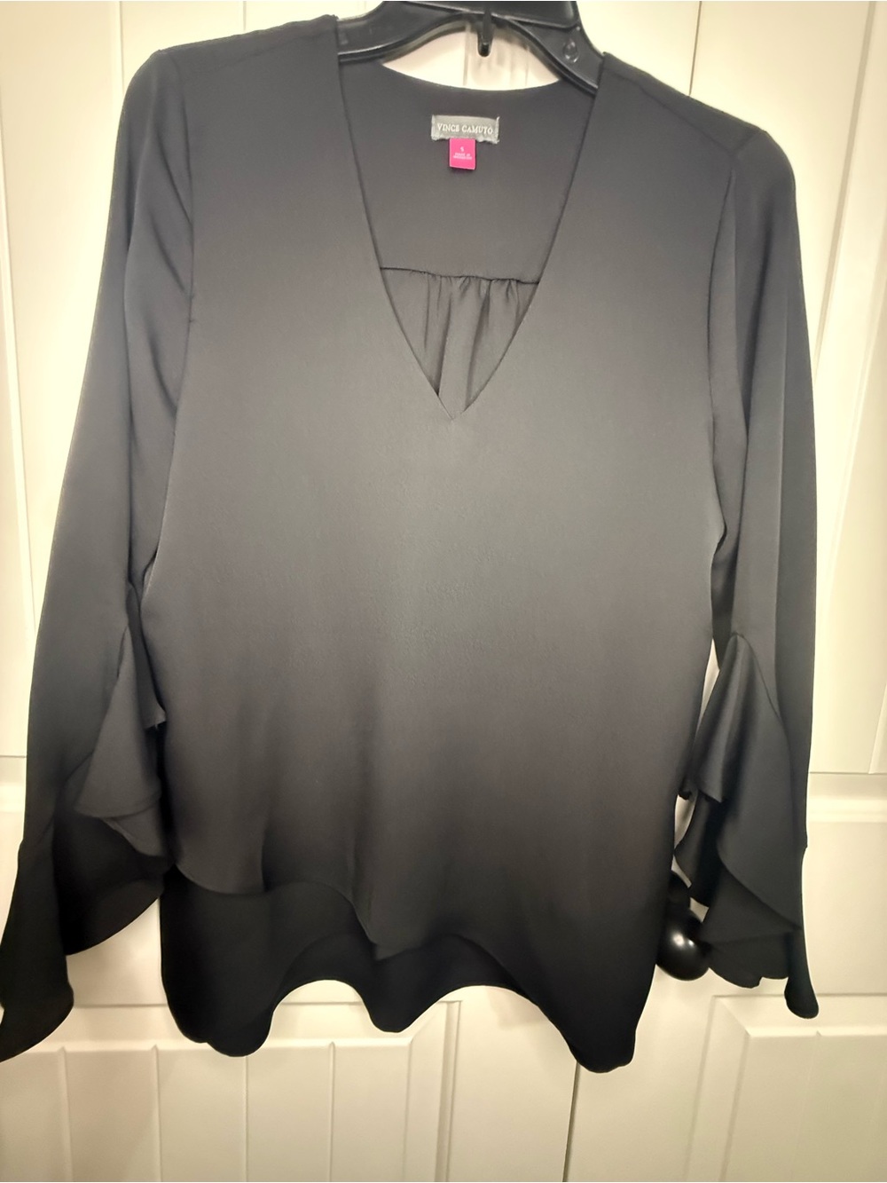 Vince Camuto Black V-Neck Ruffle Hem and Sleeve Blouse